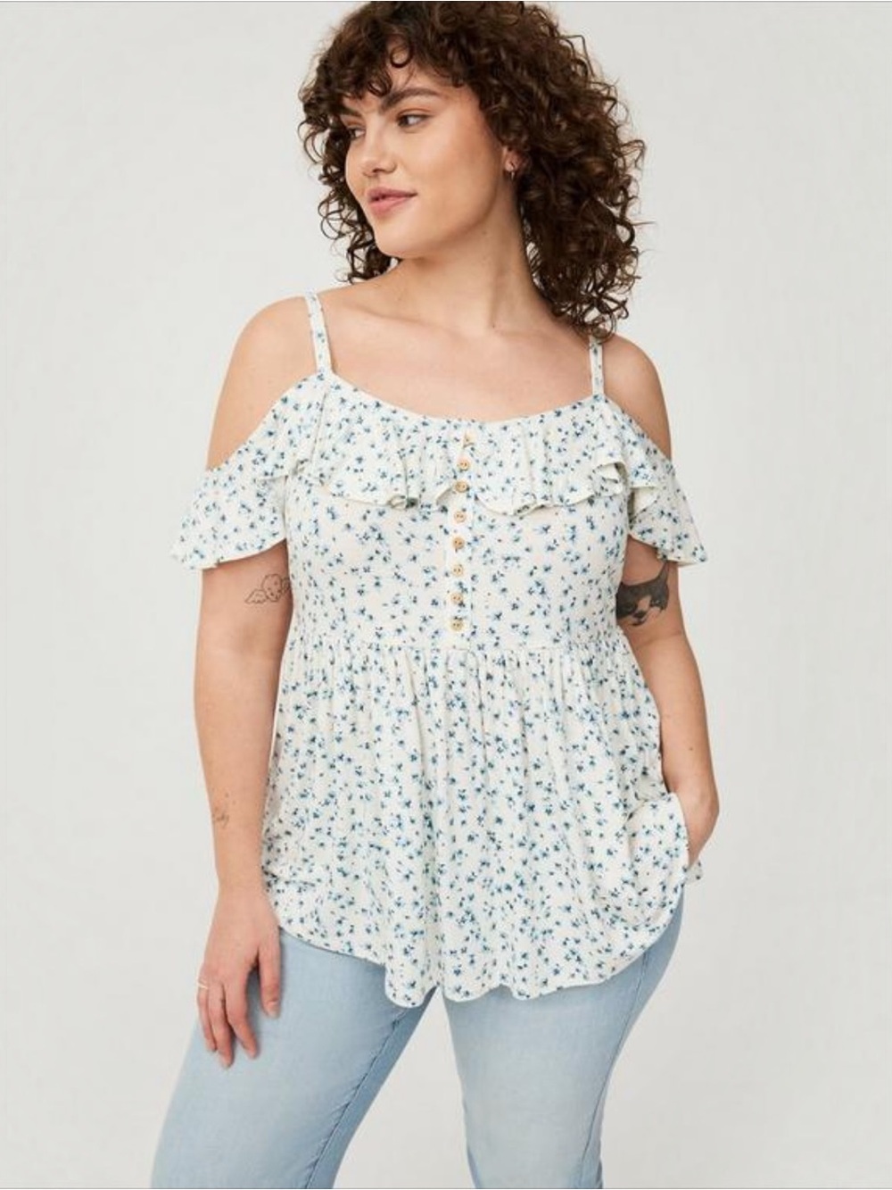 Torrid 2X Off Shoulder Babydoll Top White Blue Floral Ruffle NWT 18 20